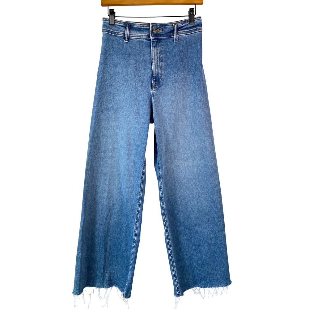 Zara Womens Marine Wide Leg Jeans 6 Blue High Rise Raw Hem Patch Pocket Boho